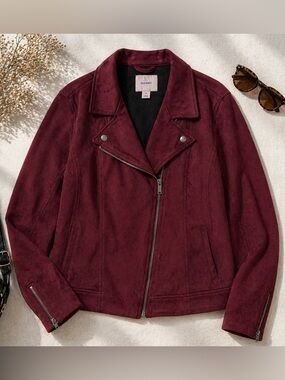 Old Navy Burgundy Suede Moto Jacket XL Soft Stretch Biker Chic Fall Layer